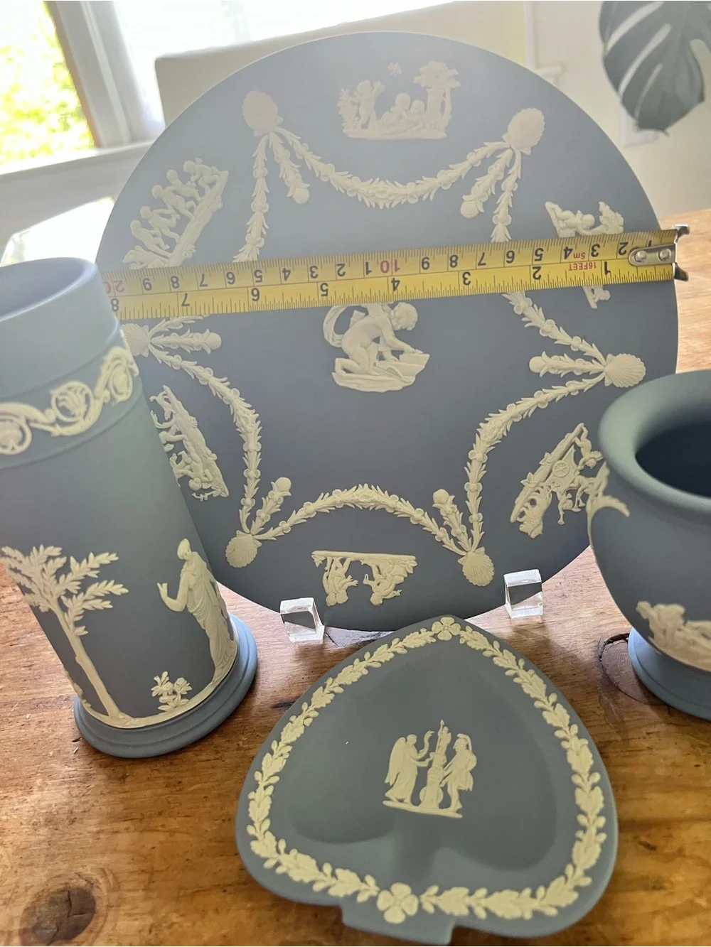 Iconic Wedgwood Blue Jasperware 4 Piece Set Plate, 2 Vases,Trinket Dish Pristine